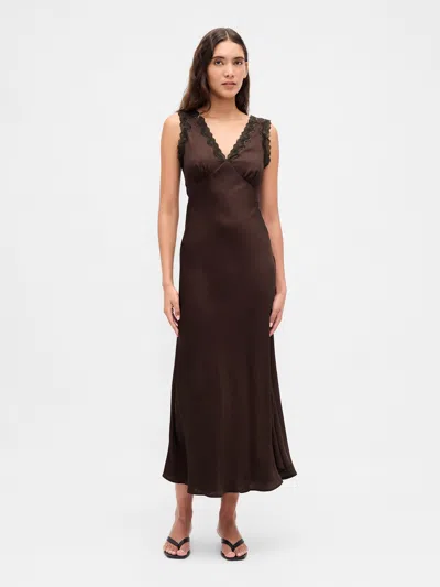Gap Satin Lace-trim V-neck Maxi Slip Dress In Brown