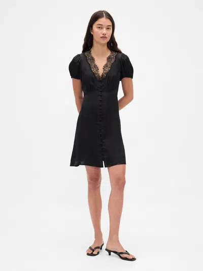 Gap Satin Lace-trim V-neck Mini Dress In Black