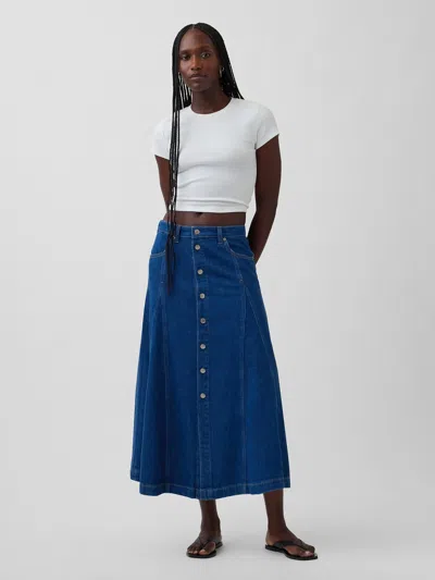 Gap Seamed Denim Button-front Maxi Skirt In Blue