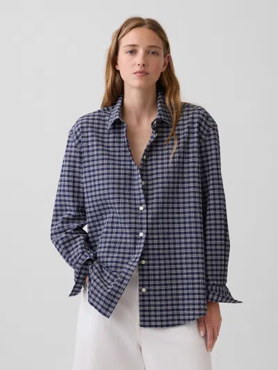 Gap Seersucker Plaid Oversized Shirt In Navy Blue Gingham
