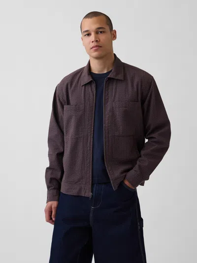 Gap Seersucker Zip Shirt Jacket In Brown Gingham