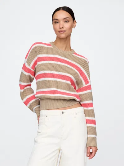 Gap Shaker-stitch Crewneck Sweater In Coral Pink And Khaki Tan Stripe