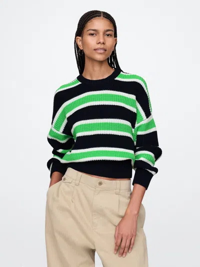 Gap Shaker-stitch Crewneck Sweater In Navy Blue And Green Stripe