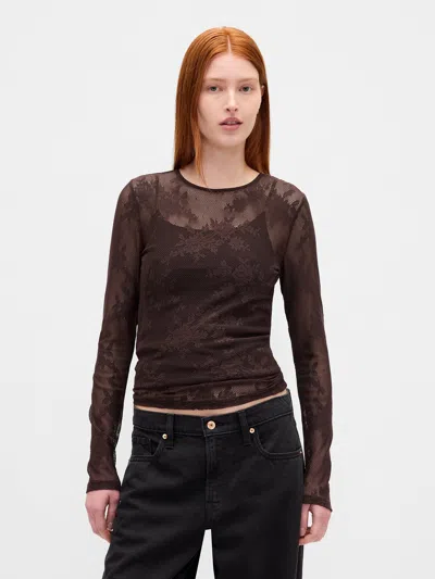 Gap Sheer Lace Top In Brown