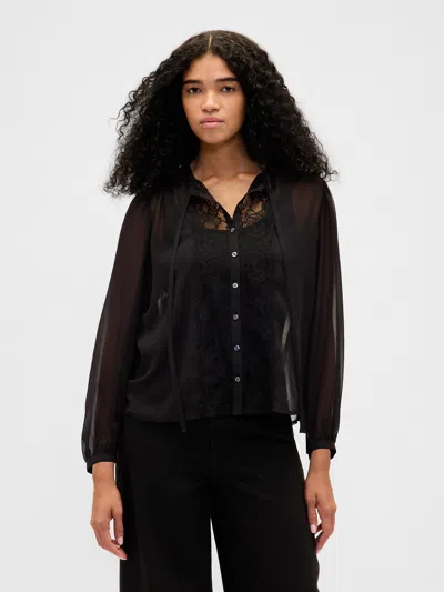 Gap Sheer Recycled Lace Inset Tie-neck Top In Black