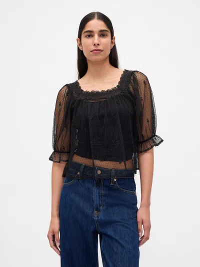 Gap Sheer Recycled Tulle Embroidered Top In Black