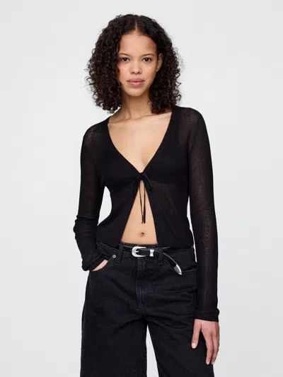 Gap Sheer Rib Cropped Tie-front Cardigan In Black
