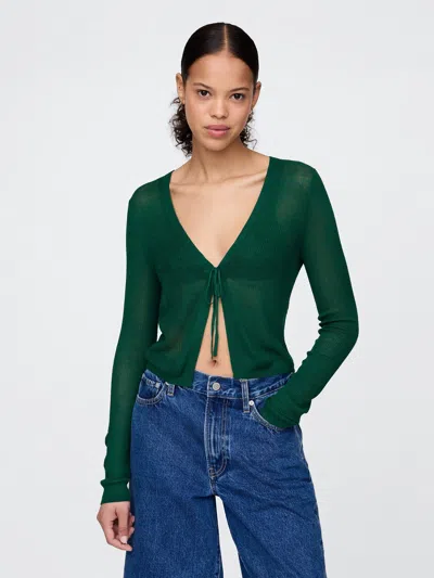 Gap Sheer Rib Cropped Tie-front Cardigan In Rain Forest Green