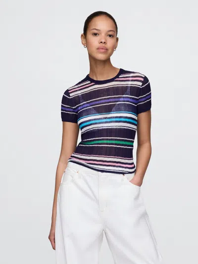 Gap Sheer Rib T-shirt In Navy Blue Multi Color Stripe