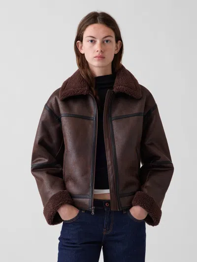 Gap Sherpa & Vegan Leather Flight Jacket In Brown