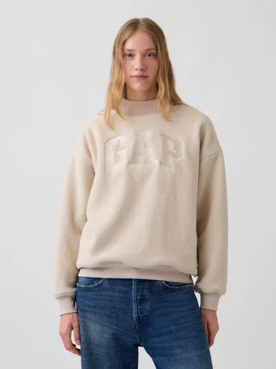 Gap Sherpa Oversized Mockneck Logo Sweatshirt In Cobblestone Beige