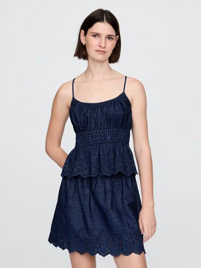 Gap Smocked Eyelet Denim Cami In Medium Wash