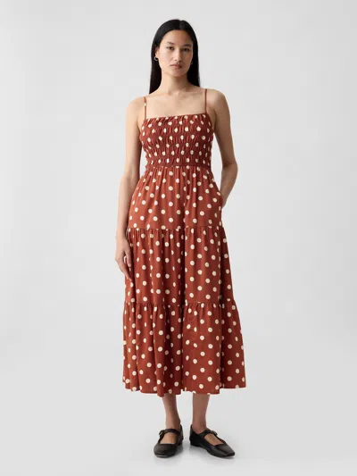 Gap Smocked Tiered Midi Dress In Brown Polka Dot