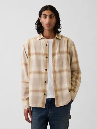 Gap Sunwashed Twill Relaxed Plaid Shirt In Ivory Beige Plaid