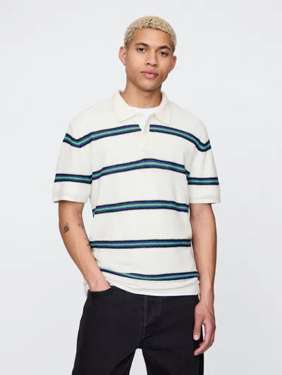 Gap Textured Crochet Polo Shirt Shirt In Optic White/ Green/ & Navy Stripe