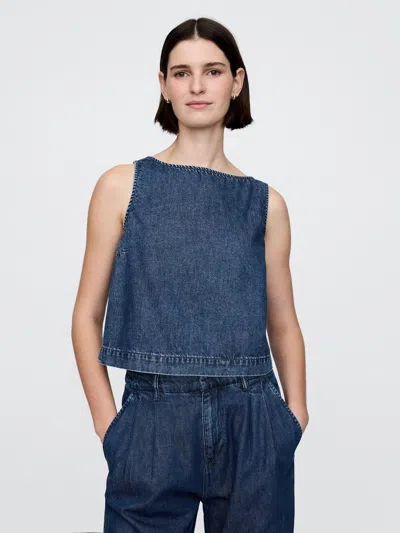 Gap Ultrasoft Denim Cropped Shell Tank In Dark Wash