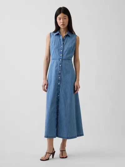 Gap Ultrasoft Denim Maxi Shirtdress In Blue