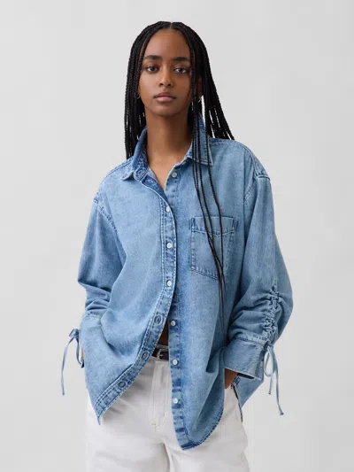 Gap Ultrasoft Denim Oversized Ruched-sleeve Shirt In Blue