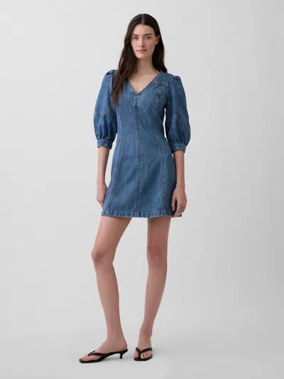 Gap Ultrasoft Denim Puff-sleeve Mini Dress In Blue