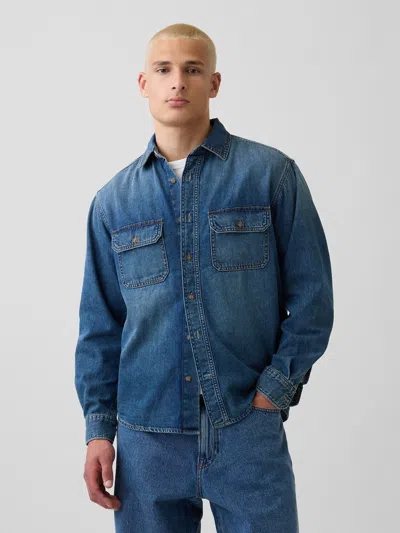 Gap Ultrasoft Denim Relaxed Utility Shirt In Worn Dark Tint