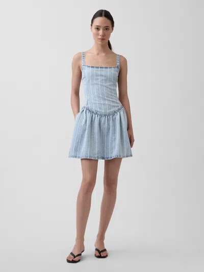 Gap Ultrasoft Denim Stripe Drop-waist Mini Dress In Blue