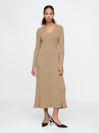 Gap V-neck Rib Maxi Sweater Dress In Iconic Khaki Tan