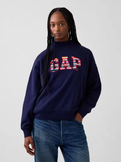 Gap Vintagesoft Oversized Happy Stripe Logo Mockneck Sweatshirt In Blue