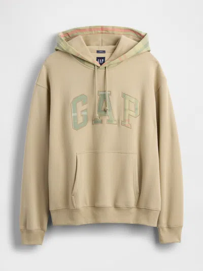 Gap Vintagesoft Plaid Arch Logo Hoodie In Iconic Khaki