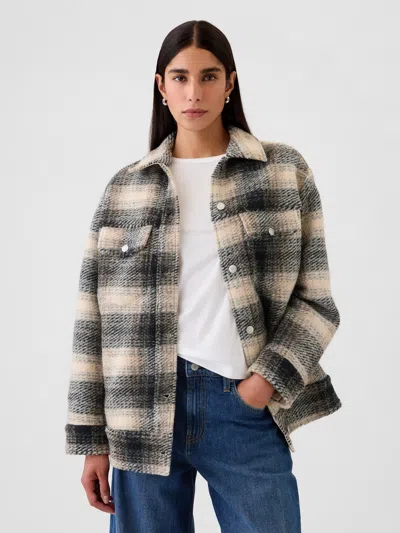 Gap Wool Boyfriend Shirt Jacket In Neutral Tan Plaid