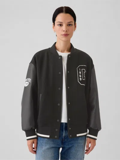 Gap Wool Varsity Logo Boyfriend Jacket In Black