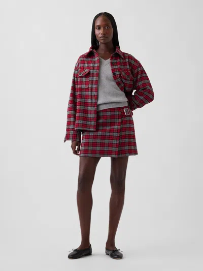 Gap Wool-blend Plaid Belted Mini Skort In Red Plaid