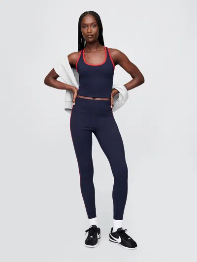 Gap Fit High Rise Power Full Length Leggings In Navy Blue With Red Stripe