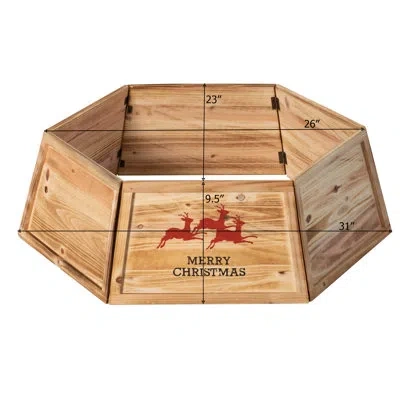 Gardenised Natural Wood Christmas Tree Collar With Deer Pattern Panels Foldable Ring Box Cover And Festive Base In Brown