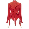 Gareth Pugh Garteh Pugh Shoulder Padded Draped Hem Belted Jacket In Red