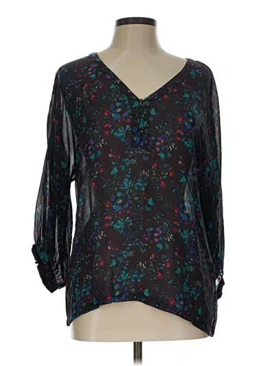 Pre-owned Garnet Hill 3/4 Sleeve Silk Top Black V-neck Tops