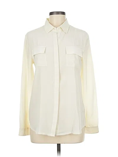 Pre-owned Garnet Hill Long Sleeve Silk Top Ivory Color Block Pattern Collared Neckline Tops In White