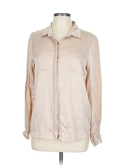 Pre-owned Garnet Hill Long Sleeve Silk Top Tan Metallic Pattern Collared Neckline Tops In Brown