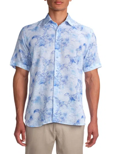 Garnet Men's Lofty Leaf Linen Blend Button Down Shirt In Blue White