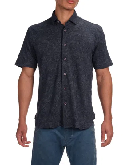 Garnet Men's Short Sleeve Palm Tree Knit Button Down Shirt In Navy