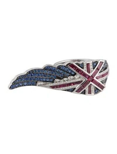 Pre-owned Garrard 18k 1.05ctw Ruby, Sapphire & Diamond Flag Wing Cocktail Ring In Multicolor