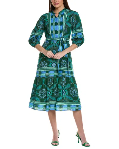 Garrie B 3/4-sleeve Border Print Midi Dress In Blue