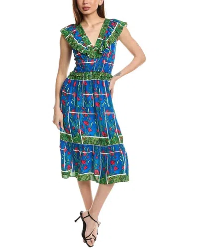 Garrie B Sleeveless Floral Smocked Waist Midi Dress In Blue Multi