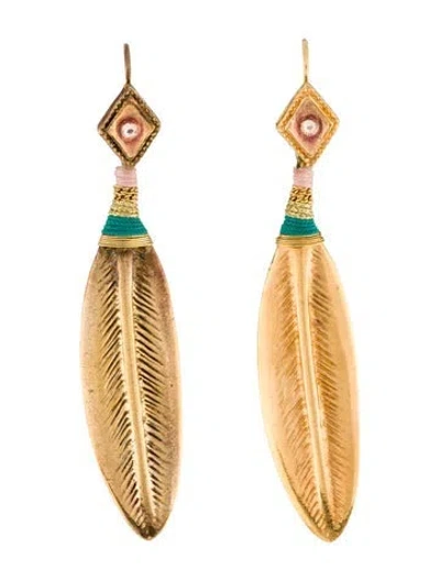 Pre-owned Gas Bijoux Crystal & Satin Cord Feather Drop Earrings In Multi