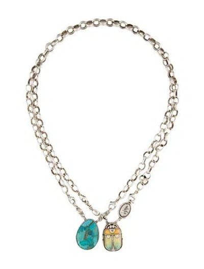 Pre-owned Gas Bijoux Enamel Scarabee Chain Pendant Necklace, 41.25" In Multi