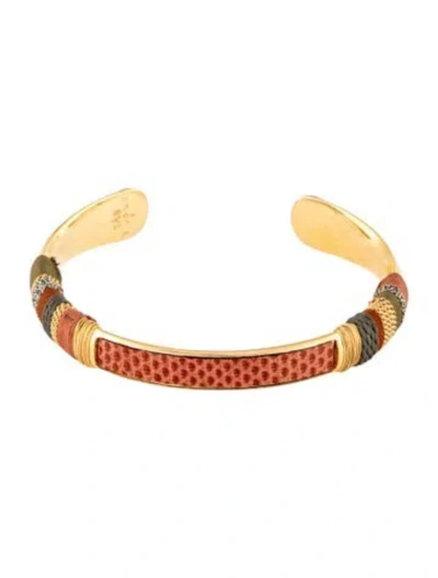 Pre-owned Gas Bijoux Leather & Thread Massai Bis Cuff Bracelet, 6.5" In Brown/green/grey