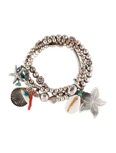 Pre-owned Gas Bijoux Mother Of Pearl, Bead & Shell Charm Bracelet, 6.5" In Multicolor