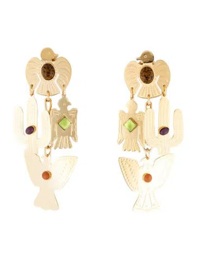 Pre-owned Gas Bijoux Multi Stones Thunderbird & Cactus Drop Earrings In Multicolor