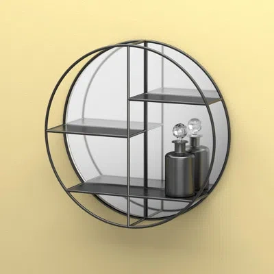 Gatco Decorative Round Wall Mirror With 3 Shelves | Wall Mounted 26 1/3" Dia. Shelf Mirror In Matte Black