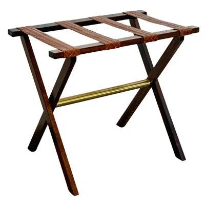 Gate House Furniture Dark Walnut Wood Straight Leg Luggage Rack With 4 Embossed Tan Leather Straps And A Long Brushed Bra In Brown