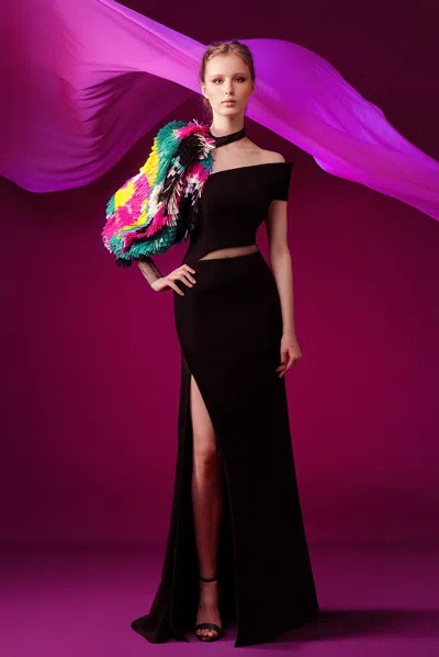 Gatti Nolli By Marwan Asymmetrical Off Shoulder Crepe Gown In Multi
